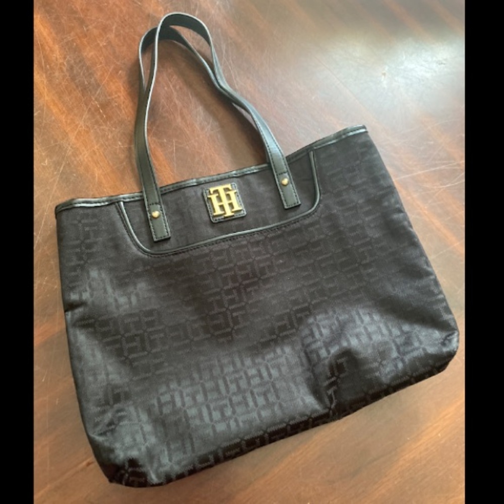 Tommy Hilfiger Black Logo Shoulder Tote with Gold Hardware